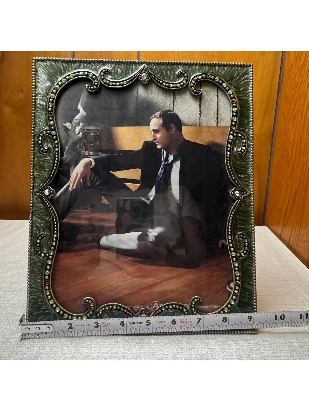 Vintage Jeweled 8x10 Picture Frame Green Ornate Resin Rhinestone Easel